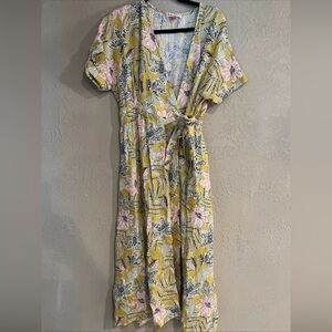 Marine Layer Multicolor Floral Wrap  Dress Sz M Midi Length Pckts Cotton